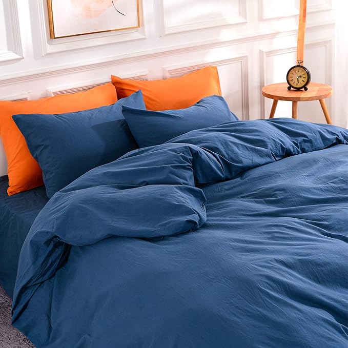 NEXHOME PRO Duvet Cover Set 100% Washed Cotton California Kingn 104"x98", Organic Natural Linen Look Textured 3 Pieces Bedding Set Royal Navy Klein Blue with Zipper Closure, Soft(No Comforter)