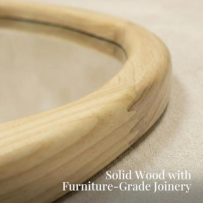 Round Wood Mirror 24 Inch, Irregular Wavy Inner Frame Wall Mirror for Bathroom Vanity, Bedroom, Natural Solid Wood Asymmetrical Decor