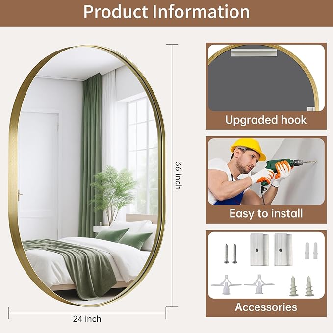Gold Oval Mirror, 24"x36" Oval Bathroom Mirror, Brushed Gold Mirror with Aluminium Alloy Frame, Anti-Rust, Tempered Glass