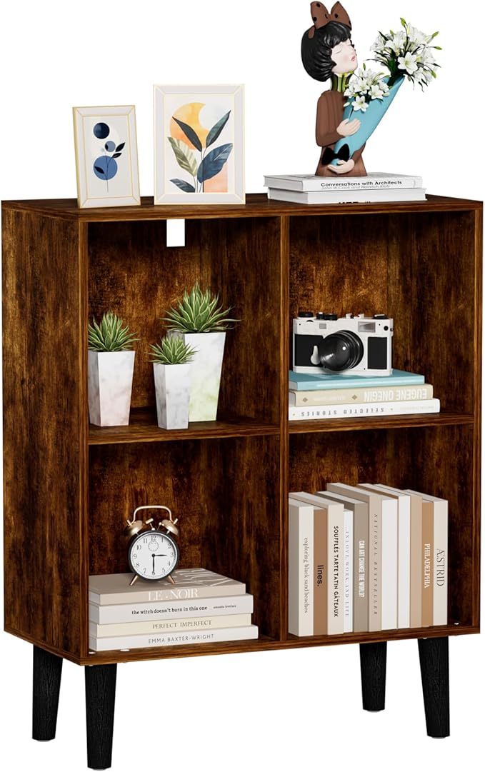 4 Cube Bookcase, Wooden Book Shelf Cube Storage Organizer with Legs, 2 Tier Bookshelf Freestanding Open Shelves for Living Room, Bedroom, Home Office (Brown, 4 Cube)