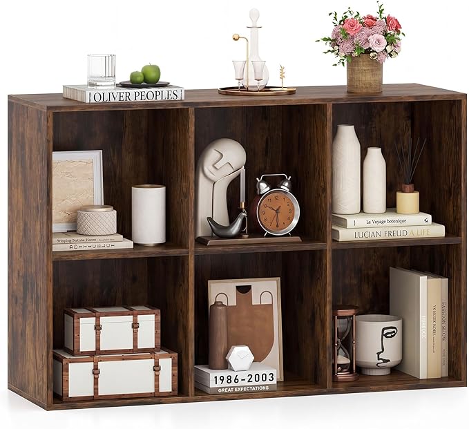 Tangkula 6-Cube Bookcase, Large Floor Standing Horizontal Bookshelf with 6 Open Shelves & 2 Anti-Tipping Kits, Home Office Wooden Storage Book Shelf for Living Room, Study (Rustic Brown, 6-Cube)