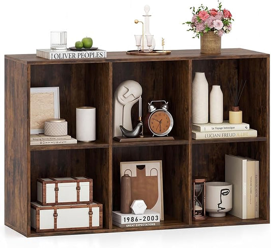 Tangkula 6-Cube Bookcase, Large Floor Standing Horizontal Bookshelf with 6 Open Shelves & 2 Anti-Tipping Kits, Home Office Wooden Storage Book Shelf for Living Room, Study (Rustic Brown, 6-Cube)