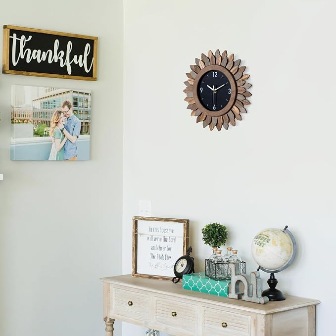 Honiway Wall Clock Battery Operated 12 in Rustic Wood Boho Sunburst Decorative Wall Clock Silent Non Ticking Farmhouse Small Wall Clocks for Living Room Kitchen Bathroom Bedroom Decor (Tricolor)