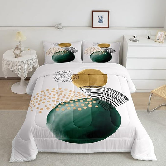 Abstract Artwork Comforter Set King Geometric Circle Bedding Set, Aesthetic Minimalist Bedding Comforter Sets Blackish Green Turqoise Duvet Sets, Beige White Quilted Comforter Cozy Soft 3pcs