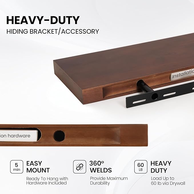 48 Inch Floating Shelf for Fireplace Mantel - 8 Inch Deep Rustic Solid Pine Wood Wall Shelf - Farmhouse Style Shelf with Heavy-Duty Metal Brackets - 48"W x 8"D - American Walnut, Set of 1
