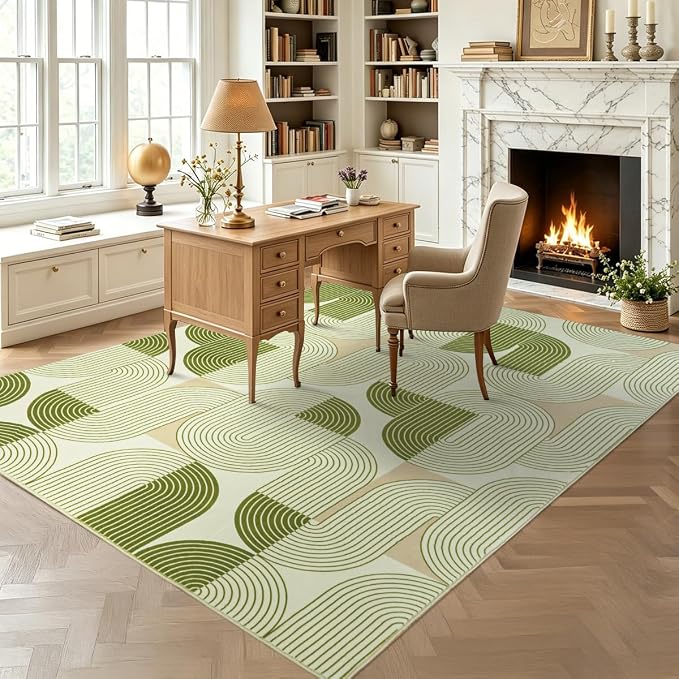 Rugs for Living Room, Soft Green Area Rug for Bedroom 5x7, Washable Mid Century Modern Rug, Non Slip Indoor Floor Boho Low Pile Abstract Carpet for Dining Room Nursery Office Home