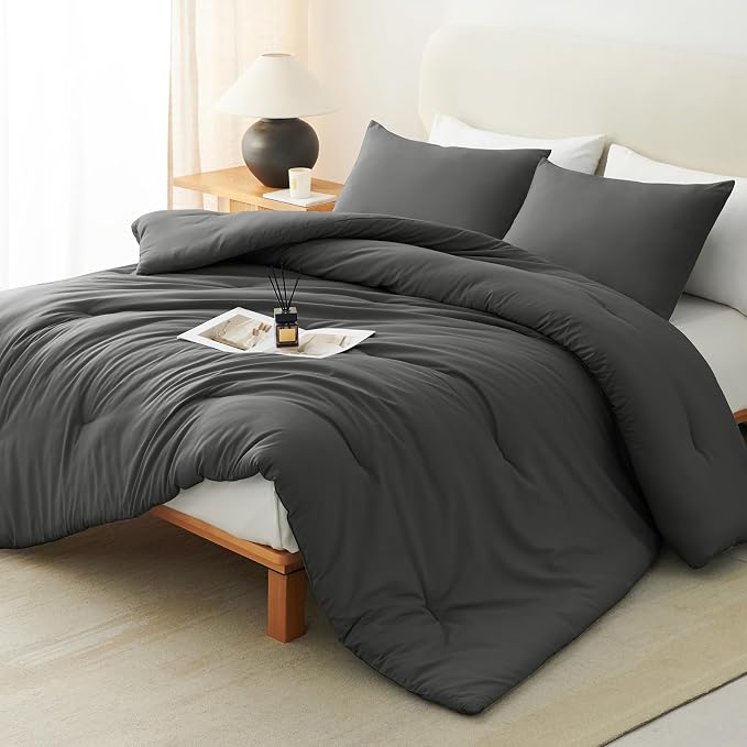 CozyLux California King Comforter Set Dark Grey, 3 Pieces Cal King Lightweight Down Alternative Quilted Bedding Sets, Dark Gray All Season Solid Comforter with 2 Pillowcases, Bed Set Gift for Home