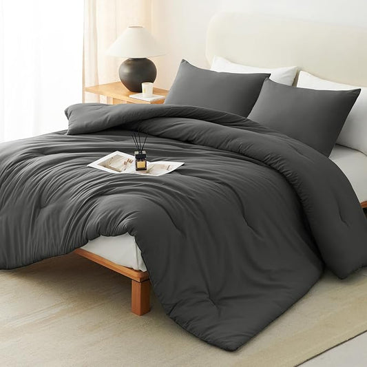 CozyLux Full Size Comforter Set Dark Grey, 3 Pieces Lightweight Down Alternative Quilted Bedding Sets, Dark Gray All Season Soft Breathable Solid Comforter with 2 Pillowcases, Bed Set Gift for Home