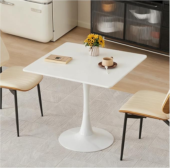 Square Dining Table, 31.5" Tulip Table with Thickened Tabletop & Metal Pedestal, Mid Century Modern Bistro Table for Kitchen, Small Places, Living Room, Cafe (White)