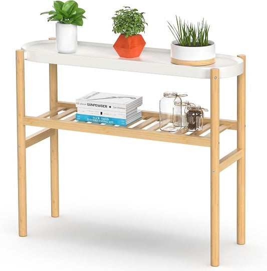 Wisuce Bamboo Plant Stands Indoor, 2 Tier Steel Tray Tall Corner Plant Stand Holder & Plant Display Rack for Outdoor Garden Indoor Home (1 - 2 Tier)