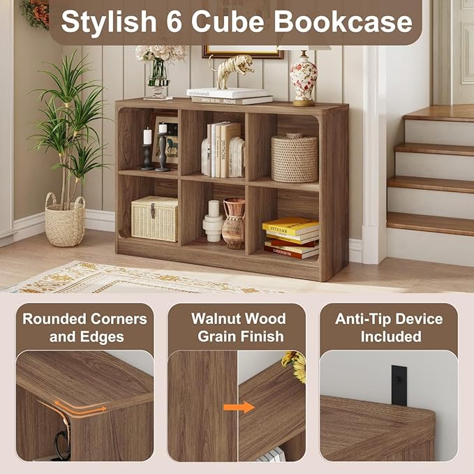 FATORRI 6 Cube Storage Bookcase, Rustic Wood Horizontal Bookshelf with Rounded Corners, Low Cube Organizer Shelf for Living Room, Bedroom, Office (Walnut, 43 Inch)