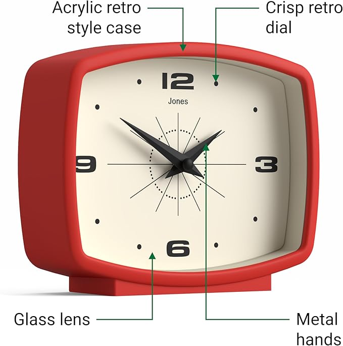 JONES CLOCKS® Film Desk Clock | Retro Rectangular Design | Red | Retro Design, Blending mid Century Style with a Punchy Modern Finish for Shelf, Table, Mantel or Bedside