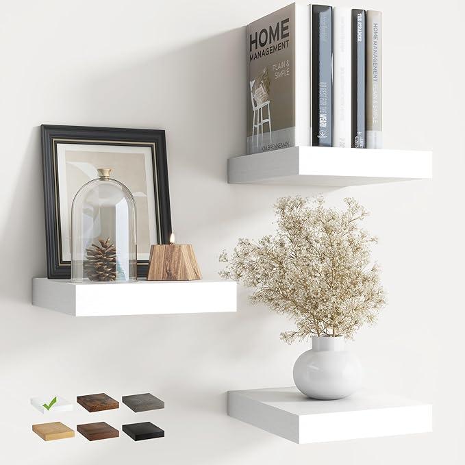 Floating Shelves for Wall with Invisible Brackets, Wall Mounted Engineered Wood Shelves with Wood Grain for Living Room, Bedroom, Bathroom, Kitchen Decor and Storage, Oak, 8"L Set of 3, White