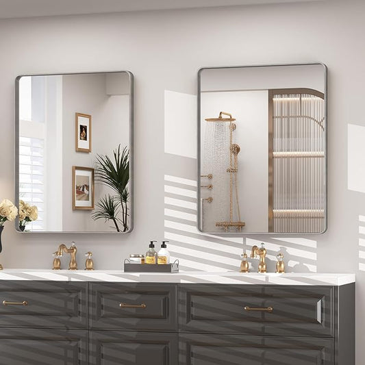 2 Pack of 22x30 Inch Silver Brushed Nickel Bathroom Mirror for Wall, Rounded Rectangle Silver Framed Bathroom Vanity Mirror, Anti-Rust, Shatterproof, Hangs Horizontally or Vertically
