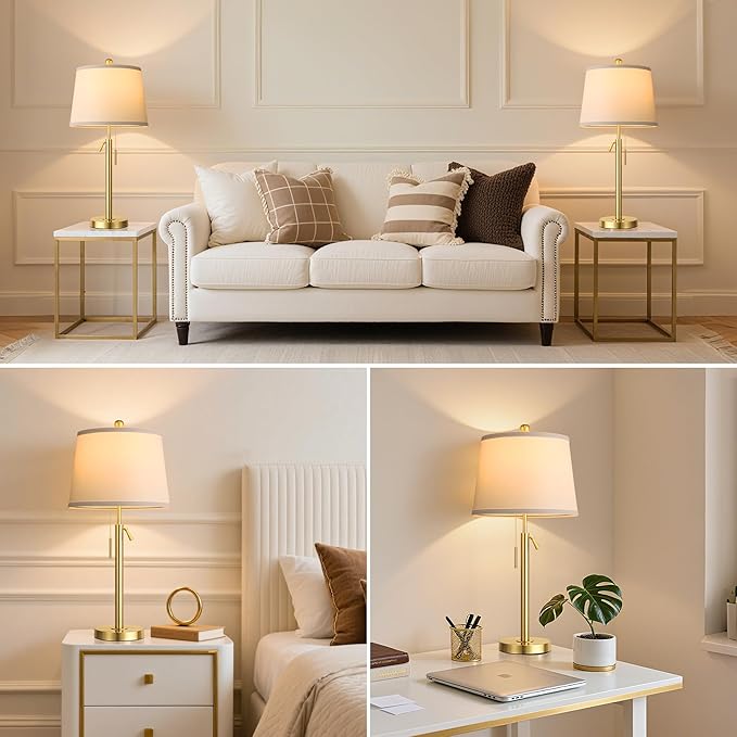Tall Table Lamps Set of 2, Modern Gold Table Lamps with White Shade for Living Room, Height Adjustable Nightstand Lamps for Bedroom, 3 Color Temperature Beside Lamps with Pull Chain(Bulbs Included)