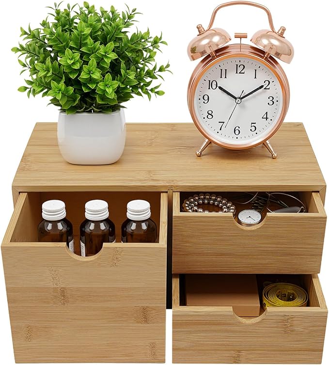 Ringmaster Bamboo Desk Organizer with 3 Drawers,Mini Desktop Organizer Drawer Tabletop Storage Organization Box for Office Home Supplies