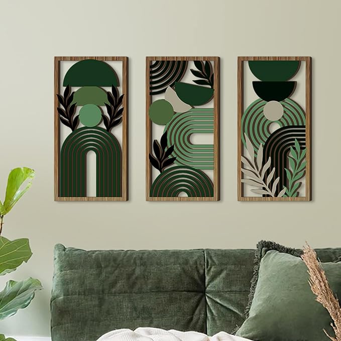 LB Modern Geometric Wall Art Set of 3, Boho Abstract Mid Century Wall Decor Wooden Framed, Green Striped Black Leaf Hanging Decoration for Living Room Bedroom Home Office, 15.8 x 8 inches