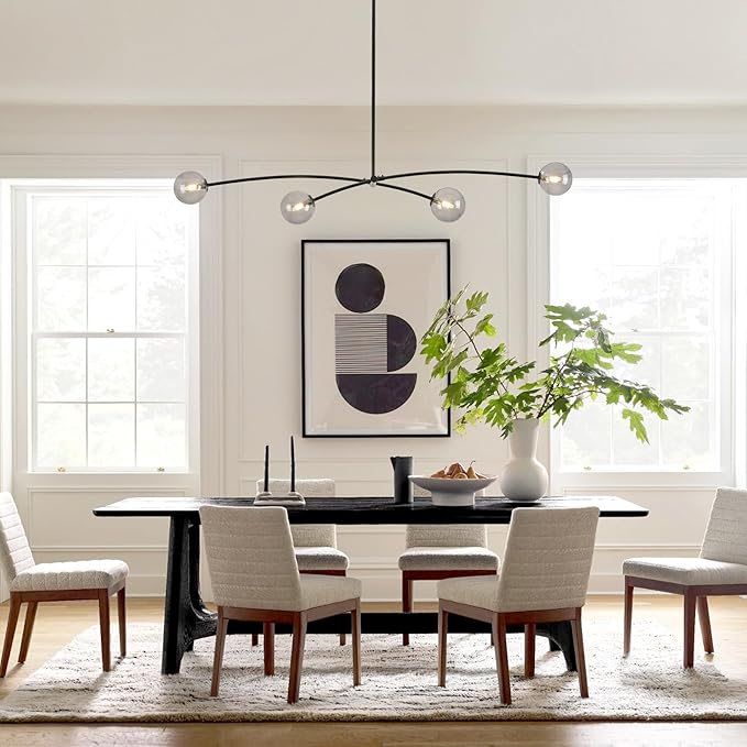 L51” Black Sputnik Chandelier Modern 4 Lights Dining Room Light Fixture Mid Century Smoke Glass Globe Ceiling Pendant Lighting Contemporary for Kitchen Island Bar Bedroom Home Office