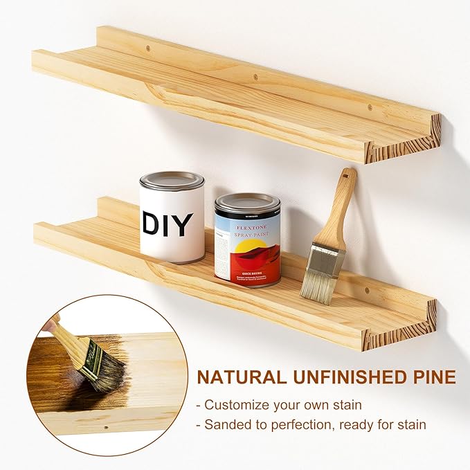Picture Ledge Shelf, 24 inch Solid Pine Wood Floating Shelves, Floating Book Shelves for Living Room Bedroom Kitchen Decor, Natural Unfinished, No Stain, DIY, Set of 4(Maple Wood, 4Pack 24inch)
