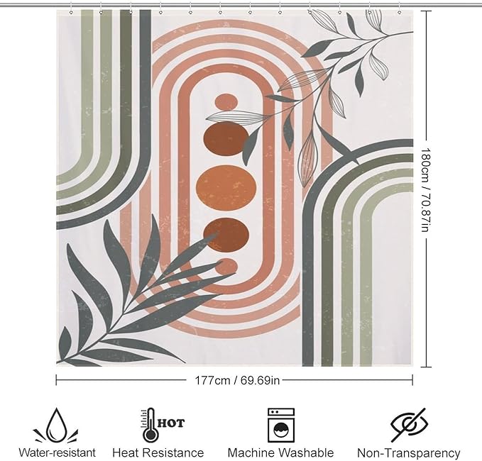 Mid Century Boho Sage Shower Curtain, Abstract Bohemian Mid Century Plant Leaf Rainbow Dots Washable Waterproof Fabric for Bathroom Decor Bathtub with 12 Hooks 72x72in (183x183cm)