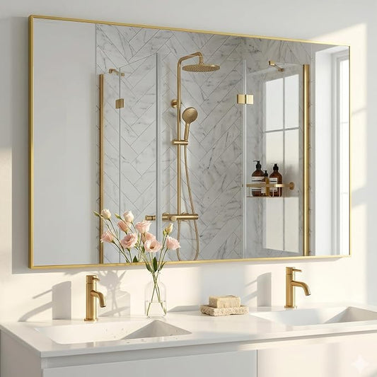 48"x36" Gold Landscape Bathroom Mirror for 48-60 inch Vanity, Shatterproof Tempered Glass, Narrow Metal Frame, Ultra-Flush Mount