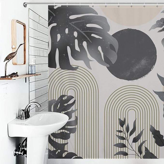 Mid Century Leaf Shower Curtains,Boho Grey Tropical Plant Palm Leaves Abstract Minimalist Geometic Modern Bathroom Curtain Waterproof Fabric Machine Washable with Hooks,72x84Inch