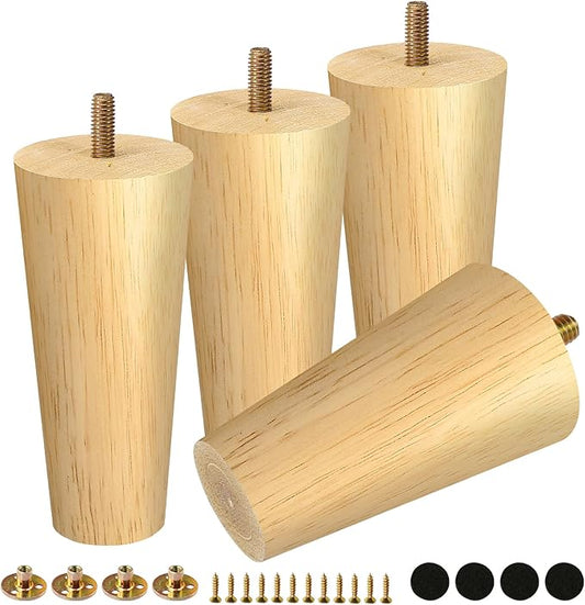 FoDau770 Rubber Wood Furniture Legs 5 Inches, Straight Tapered Wood Feet Mid Century Sofa Legs Set of 4, 5/16" UNC Furniture Feet Replacement Parts for Cabinet Couch Dresser Chair Ottoman Table