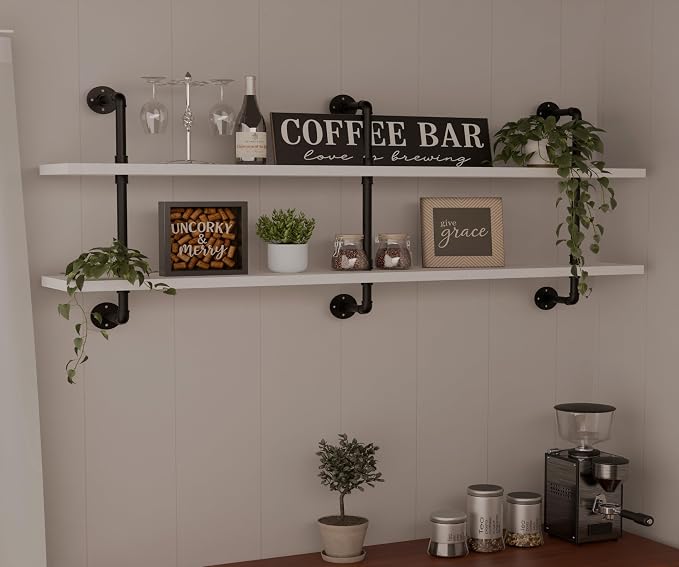 HDDFER Industrial Pipe Shelving Rustic White Pipe Wall Shelves Industrial Shelves with Wood Planks Floating Shelves 60 Inch Farmhouse Bathroom,Kitchen Shelving Wall Mounted