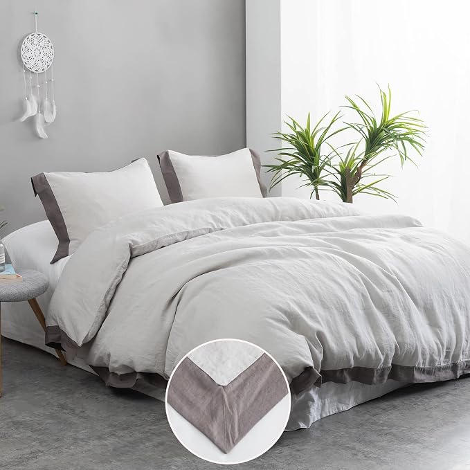 Simple&Opulence 100% Linen Duvet Cover Set with Washed French Flax-King Size(104"x 92")- 3 Pieces (1 Comforter Cover,2 Pillowshams) Basic Border Design Premium Bedding Set Breathable,Grey and Brown