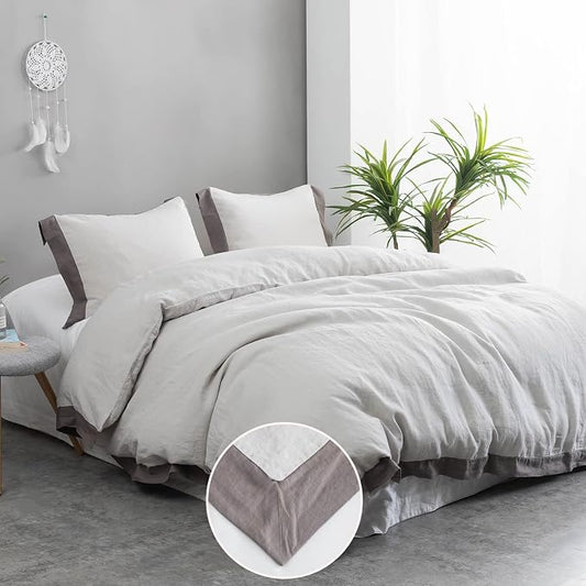 Simple&Opulence 100% Linen Duvet Cover Set with Washed French Flax-King Size(104"x 92")- 3 Pieces (1 Comforter Cover,2 Pillowshams) Basic Border Design Premium Bedding Set Breathable,Grey and Brown