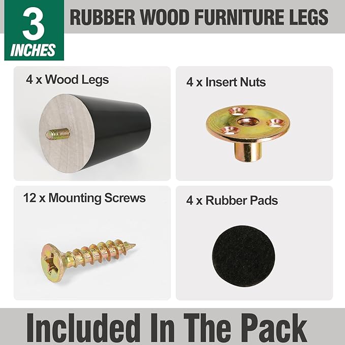 FoDau770 Black Rubber Wood Furniture Legs 3 Inches, Straight Tapered Wood Feet Mid Century Sofa Legs Set of 4, 5/16" UNC Furniture Feet for Cabinet Couch Dresser Chair Ottoman Table