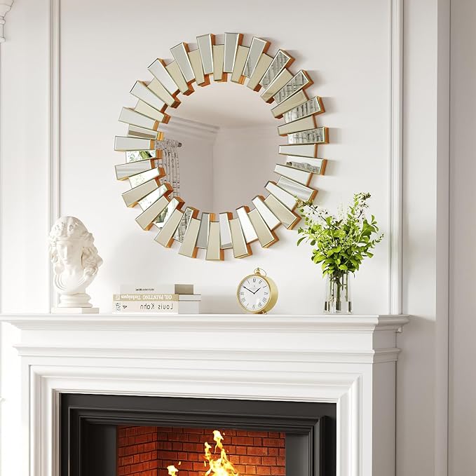 Sunburst Mirror - 26'' Gold Starburst Mirror with Beveled Glass Frame, Wall Decor Mirrors for Living Room, Dining Room, Bedroom,Hallway