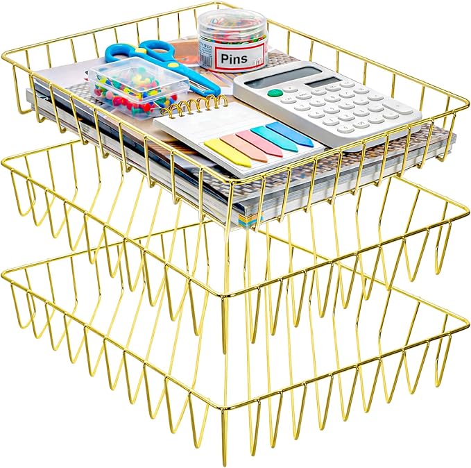 Okllen 3 Pack Gold Wire File Organizer Trays for Desk, A4 & Letter Size Metal Document Holder, Desktop Magazine Paper Trays for Office Cosmetics Bathroom