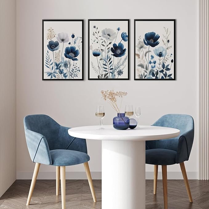 BingruiArt Navy Blue Wall Art Canvas Abstract Floral Painting Blue and Gray Posters Watercolor Flower Decor Wildflower Pictures Botanical Prints for Living Room Bedroom Bathroom 3 Pcs 16"x24" Black Framed