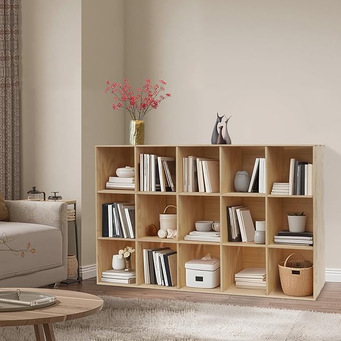 15-Cube Storage Organizer Solid Wood Cube Shelf with Deep Compartments, 220 lbs Capacity Wooden Cubby Bookcase for Living Room, Office, Dorm (15 Cube)