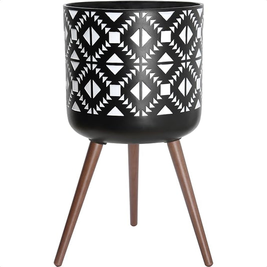 D'vine Dev 16 Inch Planter Pot with Stand, Mid-Century Tall Plant Pot with Legs for Indoor Plants, White/Black, 88-G-E-4