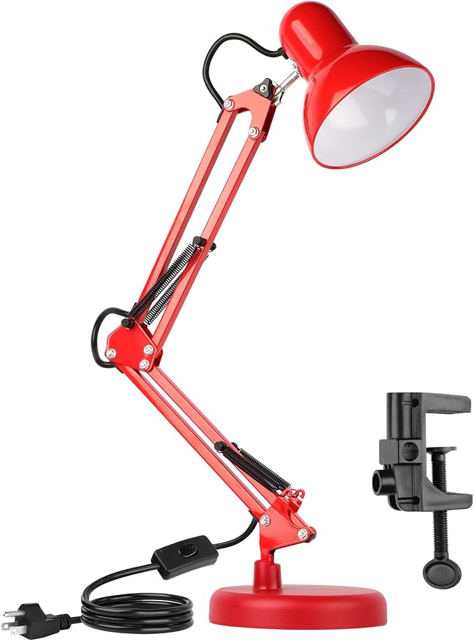 AmeriTop Metal Desk Lamp, Adjustable Swing Arm Table Lamp with Interchangeable Base Or Clamp; Eye-Caring Desk/Clip Reading Lamps for Bedroom, Study, Office (Red)