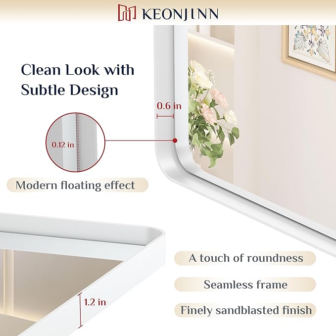 Keonjinn White Bathroom Mirrors for Over Sink, 30 x 36 Inch Metal Framed Bathroom Mirror for Wall, Rounded Rectangle Matte White Mirror with HD Tempered Glass, Hangs Horizontally or Vertically