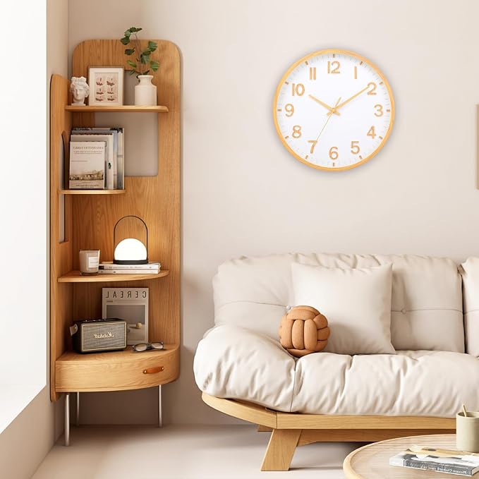 Wall Clocks Battery Operated 12 inch Modern Wall Clock,Silent Non Ticking Wall Clock for Living Room Bedroom Kitchen Office Classroom Decor (Wood Grain Yellow White)