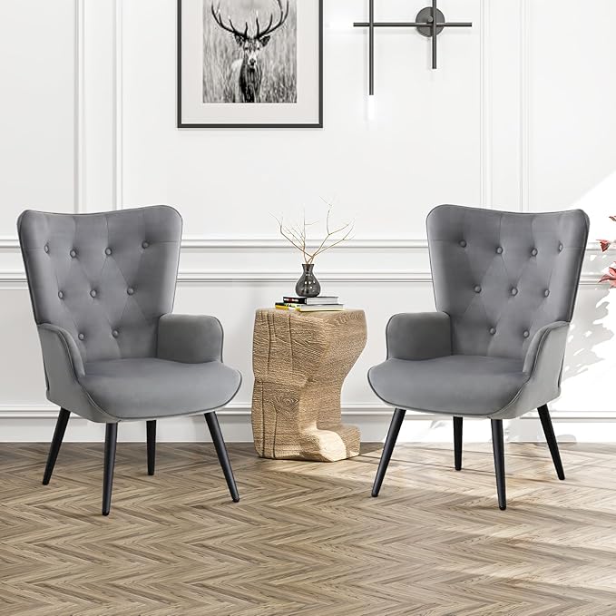 Furniliving Velvet Accent Chair for Living Room, Upholstered Reading Chair with High Backrest, Tufted-Button Wingback Armchair for Bedroom, Dressing Room, Home Office, Light Grey, Set of 2