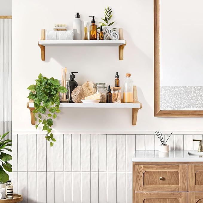 Wooden Floating Shelves for Wall, 23.6" W x 6" D x 0.8" H Large Wall Shelves, Hanging Storage Shelf with Sturdy Brackets for Living Room, Kitchen, Bathroom, Bedroom Decor, Walnut, 2 Packs