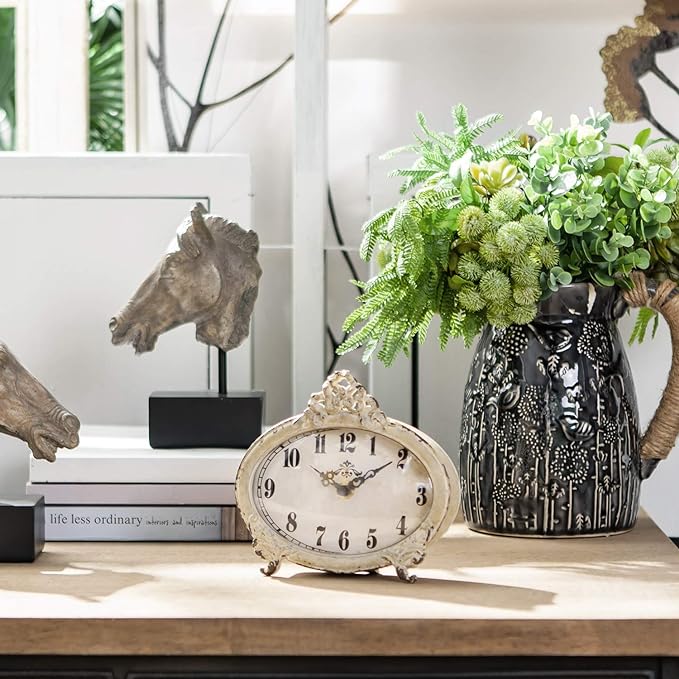 NIKKY HOME Vintage White Desk Clock, Rustic Home Decor | Rustic distressed white clock with classic design. Silent operation for mantels, desks, shelves, and farmhouse interiors.