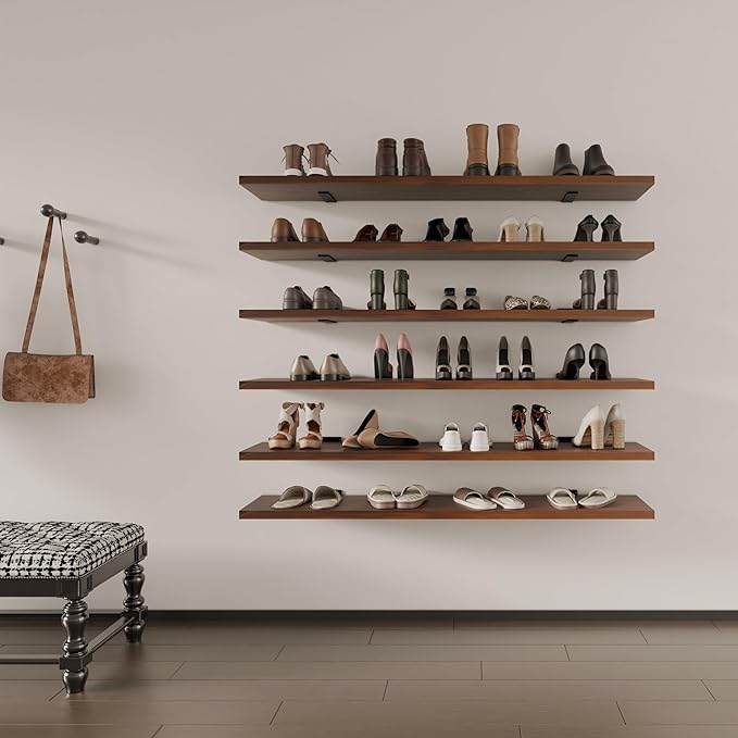 6 Tier Book Shelf,48 inch Walnut Long Floating Shelf for Wall,Adjustable Large Bookcase,Wall Mounted Bookshelf for Living Room