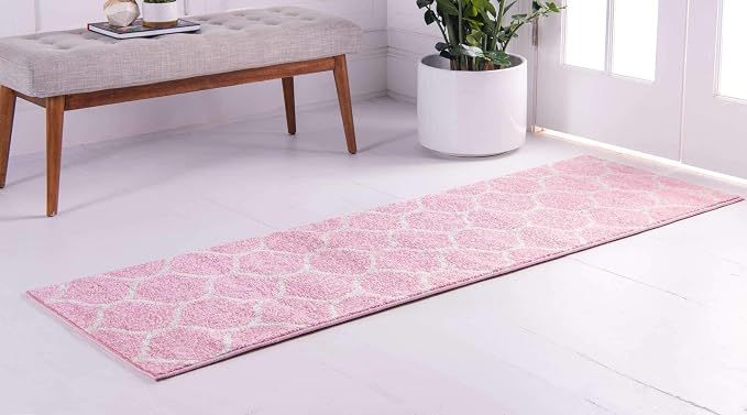 Unique Loom Trellis Frieze Collection Area Rug - Rounded (2' x 8' 8" Runner, Light Pink/ Ivory)