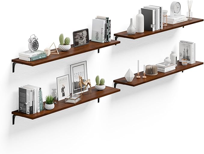 12x48 Inch Rustic Wood Floating Shelves 4-Pack - Farmhouse Walnut Wall Shelves with 100 lbs Capacity, Easy Installation for Living Room, Kitchen, Bathroom