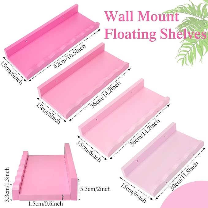 Suzile Set of 4 Floating Nursery Book Shelves for Wall Wood Floating Bookshelves Picture Small Ledge Shelf for Wall Boys Girls Teen Room Bathroom Bedroom Decor Storage(Pink)