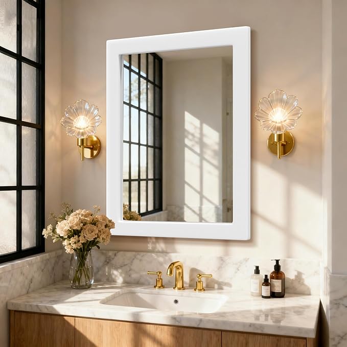 36''x24'' Rustic Wall Mirror for Bathroom White Wood Frame, Classic Rectangle Mirror Farmhouse Vanity Wall Mirror Decor Living Room, Bedroom, Entryway (White, 36''x24'')