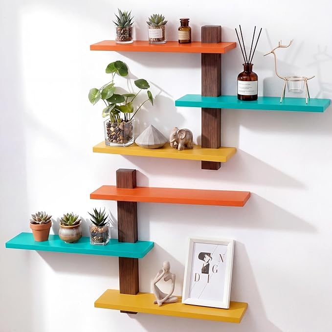 Pinkunn 2 Pack Wood 3 Tier Floating Shelf Large Minimalist Wall Shelves Mid Century Modern Furniture Wall Mount Shelf Art Decor Rustic Shelving for Bedroom Living Room Office Home (Mid Century Color)