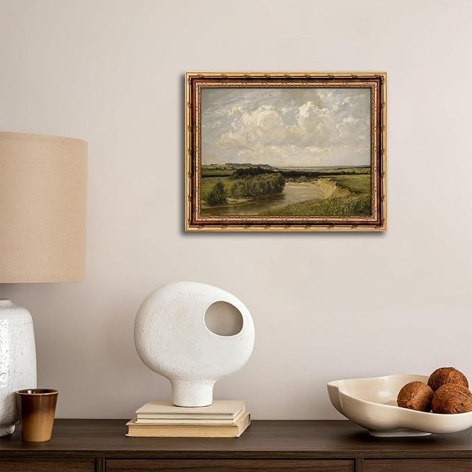 dzbLuck Vintage River Landscape Wall Art with Gold Antique Frame, Classic Farmhouse Painting Print, Rustic Country River Scene Picture Wall Decor 8×10 Inch