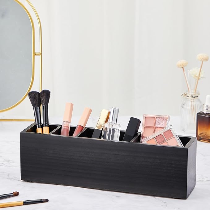 Jetec Wooden Pencil Pen Holder for Desk 6 Compartments Cosmetic Makeup Brush Stationery Office Desktop Organizers for Countertop Adjustable Silverware Caddy for Party, Art Supplies, Home Decor(Black)